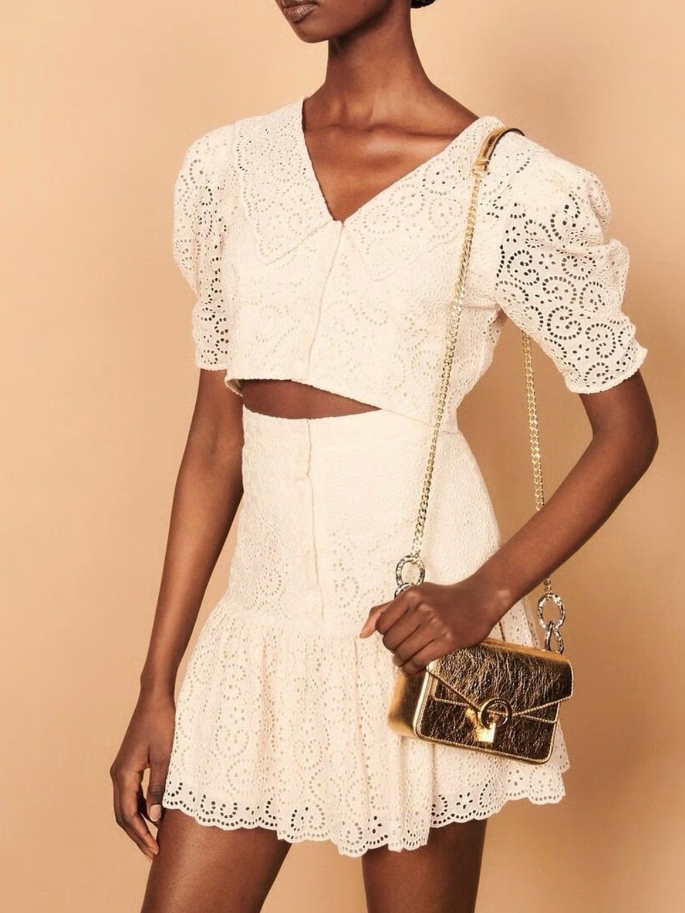 Sandro Cream Blush Eyelet Cropped Top & Mini Skirt Set Scalloped Small - Picture 6 of 15